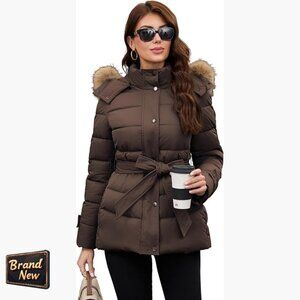Women's Belted Puffer Coat with Detachable Faux Fur Collar Winter Jacket
